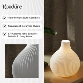 RONDURE 8.7" Bedside Table Lamp, Ceramic Lamp for Bedroom Nightstand, White Lamp for Living Room, Modern Minimalist Design Lamps (E12, Not Included Bulb)