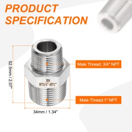 sourcing map 304 Stainless Steel Hex Nipple 3/4" NPT Male x 1" NPT Male Straight Thread Pipe Fitting Extension Pipe Fittings Connector Adapter for Water Oil Gas Tub