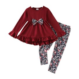 Yoxindax Toddler Kid Girls Clothes Outfit Bow Knot Decoration Long Sleeve+ Floral Pants 2PC Outfit(4-5T)