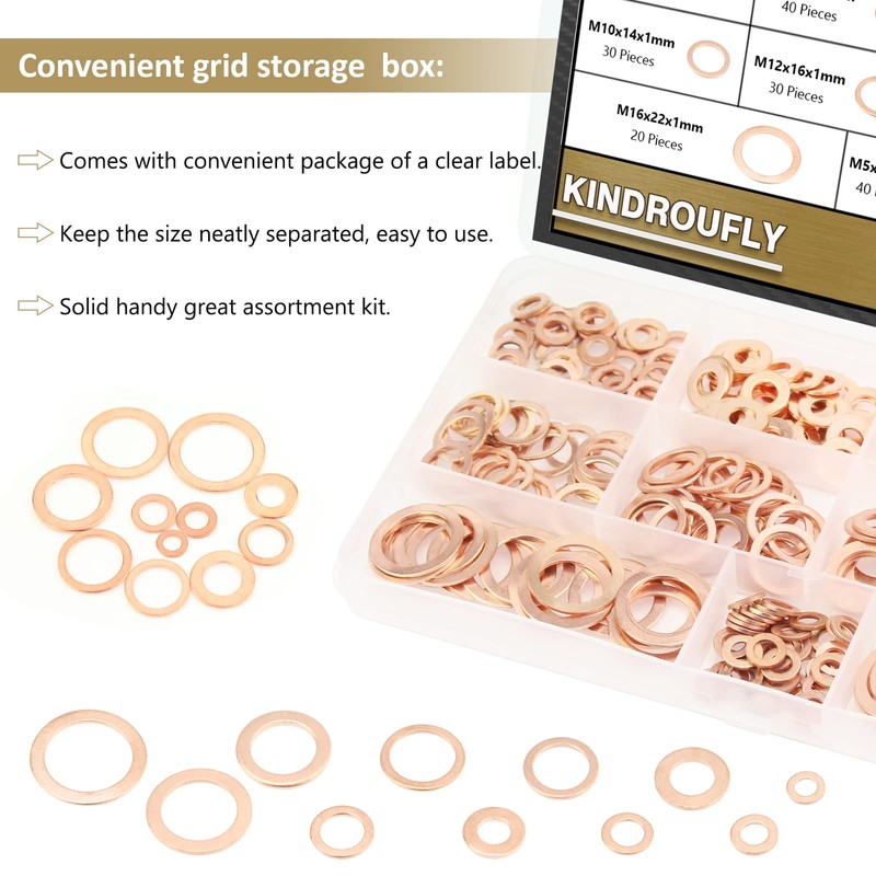 320 Pieces Copper Metric Flat Washers, Sealing Washers, Kindroufly 11