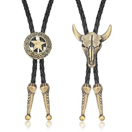 Finrezio 2 Pcs Leather Tie Necktie Cow Skull Texas Ranger Star Chain for Men Rodeo Bolo Tie Necktie Gold Tone