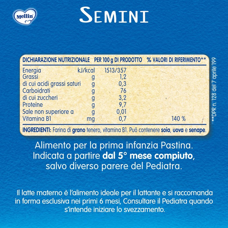 Mellin Pastina Semini, Con Farina di Grano Tenero e Vitamina