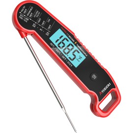 ATOGOU Neues Lebensmittel-Thermometer. Schneller: Reaktionszeit <1 Sekunde. Genauer: ±0,3°C, IP67 wasserdicht, geeignet für Fleisch, Süßigkeiten, Grills, BBQ und mehr.TH31-RED