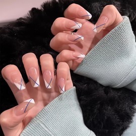 Long False Nails Tip,24PCS Skewed French White False Nails,Acrylic Full Cover Fake Nails with Jelly Glue for Women Girls (Skewed French White, One Size)