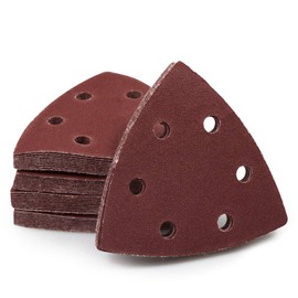 SPEEDWOX 50 Pcs Triangle Sanding Pads Hook and Loop 150 Grit Oscillating Sanding Pad 90mm 6 Holes Fit 3-1/2 Inches Oscillating Multi Tool Detail Sander Sandpaper Triangle Sanding Discs Sanding Tool