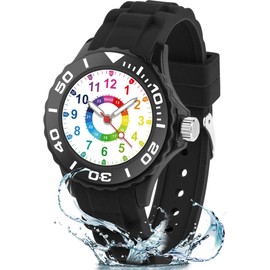 GUUMUXIN Kids Analogue Watch for Boys and Girls, Educational Watch with Hands for Children Aged 5-16 Years, Multi-Colour Dial with Clear Scales, Soft Strap, Easy to Read and Learn, black, Strap.
