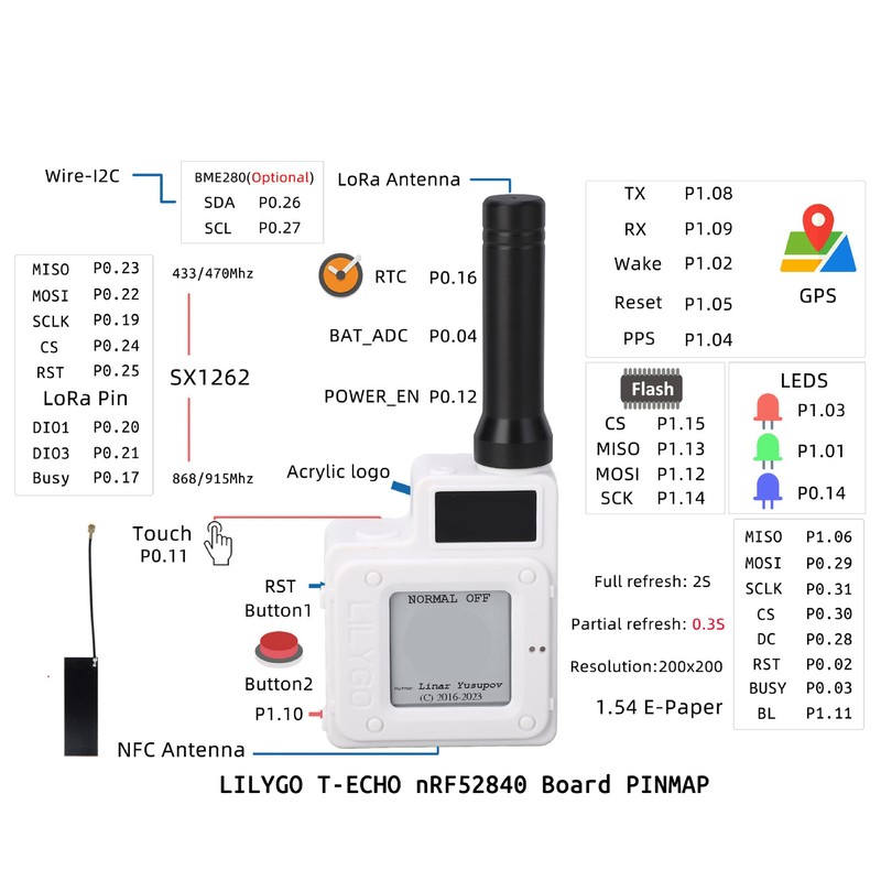 915MHz T‑Echo Module Built in LNA LORA 1.54 E Paper