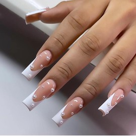 RikView Square Press On Long Fake Nails - French Tips with Pearls, White Glossy Square Nails