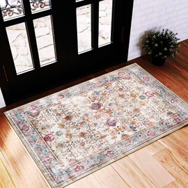 CHAMPLANT Area Rug 2'x3' Washable Rug Door Mat Vintage Distressed Rug Doormat Indoor Entrance Traditional Thin Rug Floral Print Non Slip Carpet for Kitchen Bathroom Bedroom Living Room