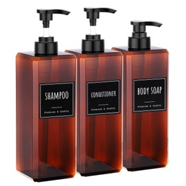 Segbeauty 33.8oz Amber Soap Dispenser Bathroom, 3pcs Plastic Soap Dispenser with Labels, Pump Bottles for Shampoo and Conditioner, 1000ml Large Square Lotion Pump Bottle Refillable Body Wash Container