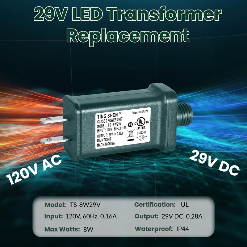 29V LED Power Supply, Christmas Tree Plug Adapter, IP44 Waterproof