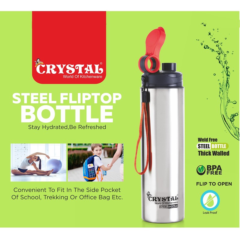 Crystal Stainless Steel Water Bottle - Fliptop 750 ml (Pack