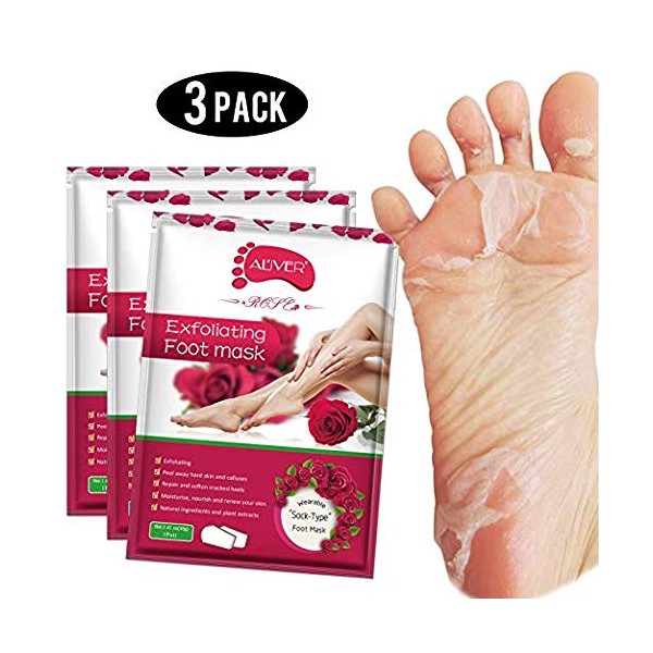 3 Pairs Foot Peel Mask, ALIVER Exfoliating Natural Foot Mask Repairs Rough Skin and Peeling Away Calluses,Soft & Smooth for Men & Women Baby Feet in 7 Days (Rose Scented)