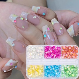 3D Aurora Bubble Nail Beads Mixed Crystal Mermaid Bubble Beads for Nails Flatback Crystal Nail Rhinestones Set Colored Half Round Beads Rhinestones for Nails Gems Diamond Decoration Supplies