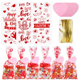 STEFORD STEFORD 150Pcs Valentine Cellophane Bags, Valentine Day Cellophane Treat Bags, Valentine Gift Bags with 50Pcs Heart Tags, 180Pcs Twist Ties