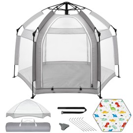 Palopalo Pop Up Baby Playpen with UPF50+ Canopy & Mat, Indoor & Outdoor Foldable Play Pen for Babies and Toddlers, Portable Baby Beach Tent with Travel Bag, Pop Up Pack and Play Yard, Grey