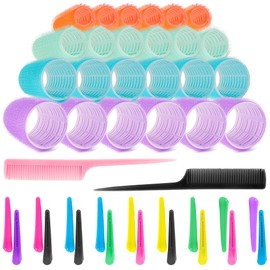 44 Stücke Lockenwickler Set,24 Stücke Lockenwickler Selbsthaftend und 18 zufällig gefärbte entenschnabelclips zum Fixieren von Frisuren.Und 2 Kämme in zufälligen Farben