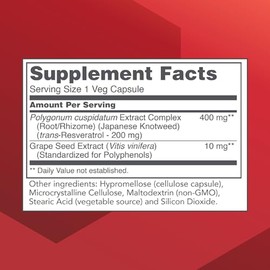 PROTOCOL FOR LIFE BALANCE Resveratrol 200 mg - Trans-Resveratrol - with Japanese Knotweed & Grape Seed Extract - Vegan & Non-GMO - 60 Veg Capsules