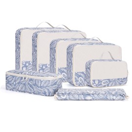 Narwey 7-Piece Compression Suitcase Organiser, Compression Packing Cubes Backpack Compression Packing Cube Backpack, Suitcase Organiser Set and Suitcase Organiser for Men and Women (Blue Leaf)