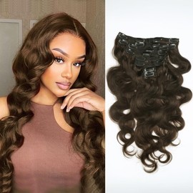 Clip in Hair Extensions Real Human Hair 20 Inch Double Weft Seamless Brazilian Body Wave 8 Pieces 120g 20 Clips Dark Brown