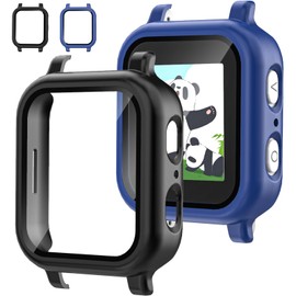 2 Pack Case Compatible with Gabb Watch 3 Screen Protector with for Kids, Hard PC Overall Protective Case Bumper with 9H Tempered Glass Cover Accessories, Black+Blue