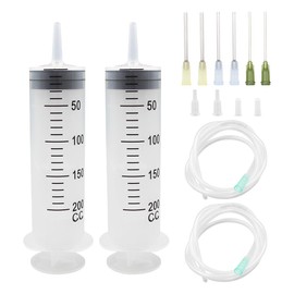 2pcs 200ml Large Syringes with Tube for Liquid Plastic syringes with 1.0m hose glue needle and tip cap for glue dispensing, garden watering, inking, refilling, and measuring