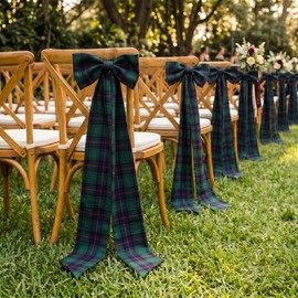 Norme 6 Pcs 10 x 42" Large Tartan Plaid Bows with Long Tails Scottish Wedding Pew Decor, Pre-made Blue Green Church Chair Aisle Bow Decorations for Wedding Bridal Shower Reception Ceremony Banquet