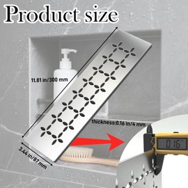 Hxszk Floral Design Brushed Stainless Steel Shower Shelf for 12" Prefab Niches - Tool-Free Drop-in, Fits Standard 1/8 Inch Grout Lines (Matte Silver)