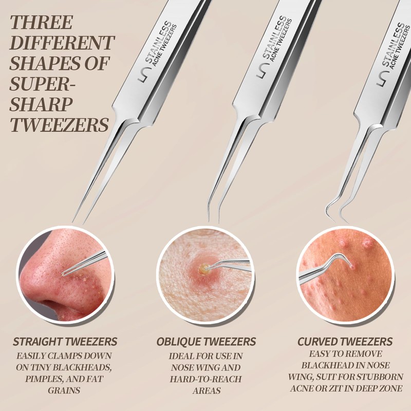 Teenitor 9 Pcs Professional Blackhead Tweezers and Pimple Popper Tool