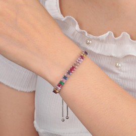 CiNily Adjustable Tennis Bracelets for Women Rainbow Cubic Zirconia Bracelet 14K White Gold Plated Hypoallergenic Slider Bracelet Jewelry