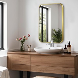 JENBELY 16x20 Inch Gold Mirror, Framed Rectangle Mirror with Rounded Corner, Brushed Brass Mirror, Gold Bathroom Mirror for Over Sink, Vanity, Living Room, Bedroom, Horizontal/Vertical