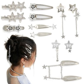 12PCS Y2K Star Hair Clips Metal Punk Hair Barrettes Kawaii 2000s Hair Snap Clips 10 Styles Silver Pentagram Hair Accessories for Women