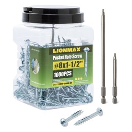 LIONMAX Pocket Hole Screws 1-1/2 Inch, 1000PCS, 8 x 1-1/2" Pocket Screws, Zinc Plated Anti-Rust for Interior, Coarse Thread Square Drive Pocket Hole Screw, Self Tapping, Drive Bit Included