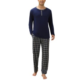 Ekouaer Men's Pyjamas Set Long Sleeve Soft Pj's Top and Plaid Bottoms for Sleepwear Loungewear with Pockets