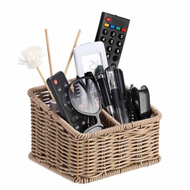 BTSKY 3 Slots Natural Woven Remote Control Holder for Desk Rattan Media TV Caddy Storage Holder Office Supply Storage Rack Desk Accessories Organizer For Living Room Bedroom Countertop, Dark Brown