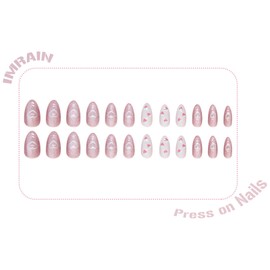 IMRAIN Pink Press on Nails Medium Almond Fake Nails Cat Eye Heart Designs Glossy Aurora Glitter Glue on Nails Full Cover Acrylic False Nails Cute Gel Handmade Artificial Nails Press ons 24Pcs