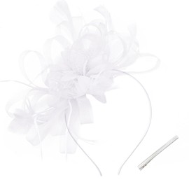 WATAME Women's Fascinators Feathers Mesh Ribbons Tea Party Hats with Headband and Clip Fascinator Hat (White)