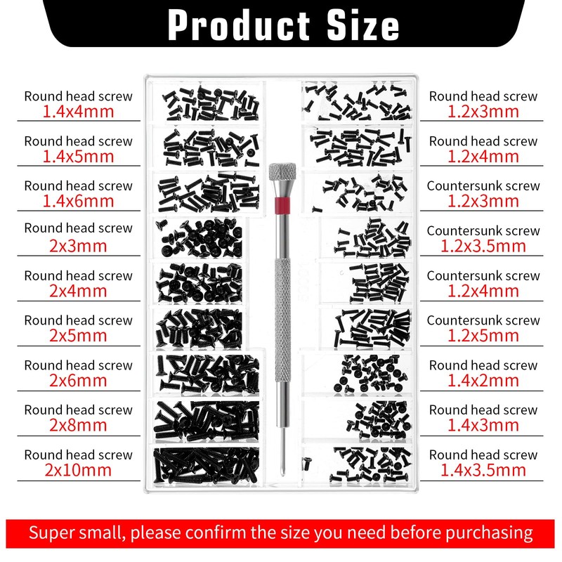 500 Pcs Extra Small Screws Tiny Screw Assortment Kit M1.2/M1.4/M2.0
