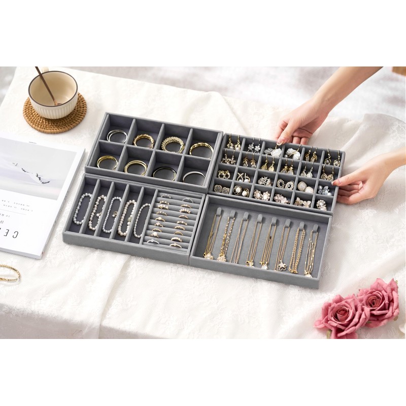 Velvet Jewelry Drawer Organizer Trays – Grey Stackable Jewelry Storage