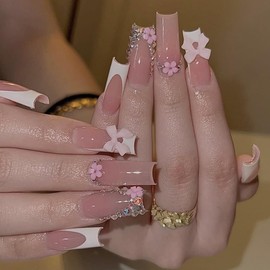 Hrnsnails Long Square Press On Nails White French Tip Nails Fake Nails with Rhinestones Flower Bow Charm Nail Press Ons Design, Artificial False Nails Press On Nail Kit Stick On Nails for Women