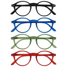 OPULIZE REY Lesebrille - 4er-Pack - Runder Retro-Rahmen - Mattschwarz, Blau, Grün, Rot - Herren Damen - Federscharniere - RRRR56-136Z - +1.50
