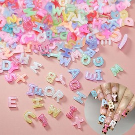 300Pcs Letter Nail Art Charms Random Candy Color Letter Resin Nail Rhinestones Kawaii Mini Flatback Alphabet Nail Gems with Aurora Glitter Design Nail Art Accessories for DIY Craft Nail Supplies
