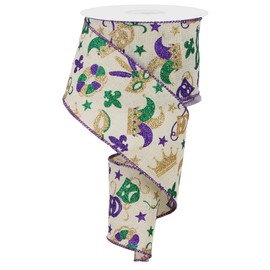 Mardi Gras Pattern Wired Ribbon - 2 1/2" x 10 Yards, Glitter Masks, Green, Purple, Gold, Carnival Decor, Garland, Gifts, Wrapping, Wreaths, Bows