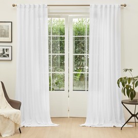 MYSKY HOME Floor to Ceiling Curtains 102 Inches White Sheer Window Drapes 2 Panel Sets Back Tab Draperies Linen Look Boho Fabric, Soft Cotton Blend Light Filtering for Living Room