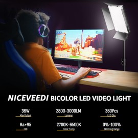 NiceVeedi 36W Photography Lighting, Bi-Color Studio Light, CRI 95+, Dimmable AC Adapter Powered LED Video Light Kit with Remote Control & 72” Tripod, Light for Video Recording/YouTube/TikTok/Ins