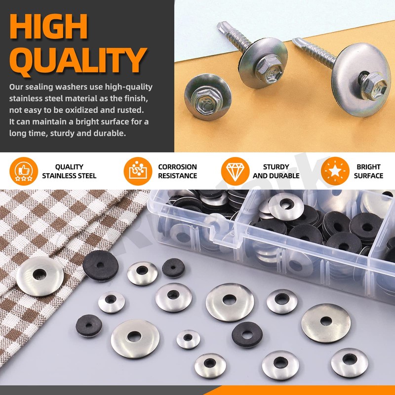 Rustark 350Pcs 8 Sizes #8#10#12#14 304 Stainless Steel Neoprene Sealing