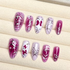 LBPEPAMZ 30Pcs Silver Butterfly Press on Nails Medium Almond Fake Nails with 3D Pearl Design Rose Red Gradient Bow Gilded Metal False Nails Y2K Style Full Cover Acrylic Stick on Nails for Manicure DIY