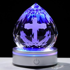 Ornalrist 3.15in. Engraved Cross Crystal Ball with Light Base, Religious Gifts for Women, Christian Cross Gifts for Friends Glass Paperweight Home Decorations
