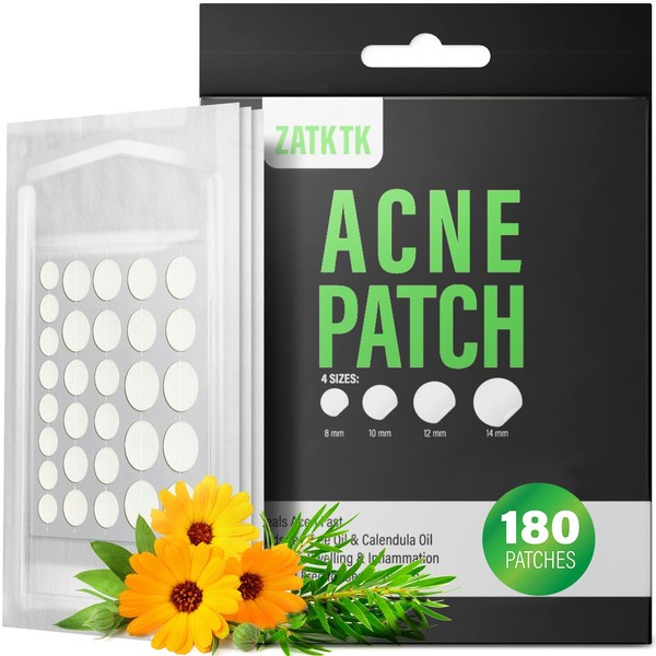 ZATKTK Acne Pimple Patch (180 Counts 4 Sizes), Invisible Hydrocolloid Acne Patch with Tea Tree Oil & Calendula Oil, Acne Spot Healing Patch Zit Patches for Face