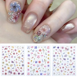 3 Sheets Flowers Nail Art Stickers Decals Spring Summer Embossed Dried Flowers Nail Stickers Colorful Gradient Floral Nail Decals for Acrylic Nails Women DIY Self-Adhesive Manicure Supplies